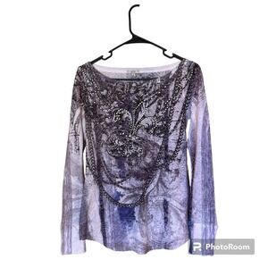 Cache Y2K White Long Sleeve Black‎ Blue Tribal Rhinestone Waffle Knit Henley M